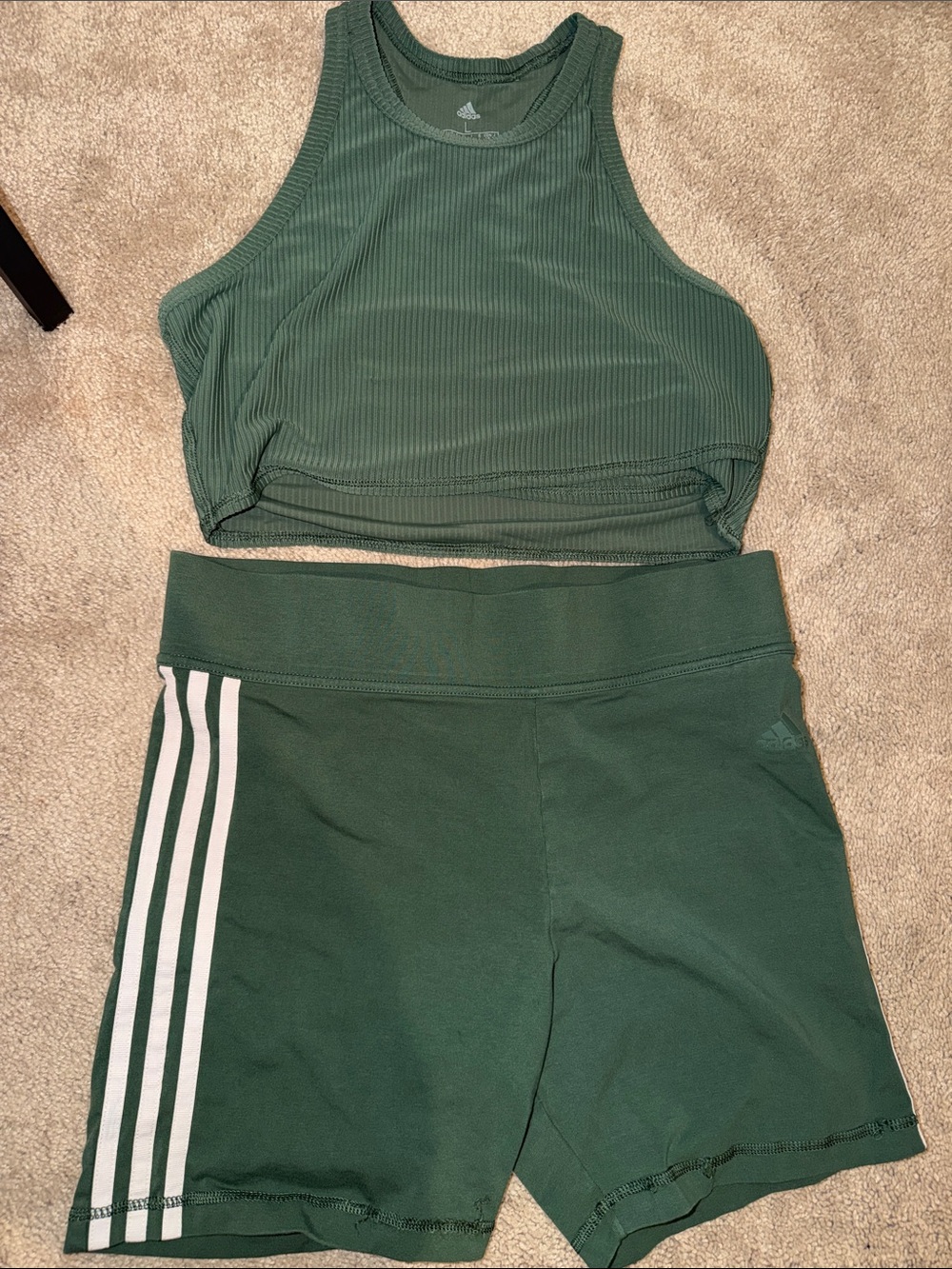 adidas Dark Green Ribbed Tank & Three-Stripe Shorts Set